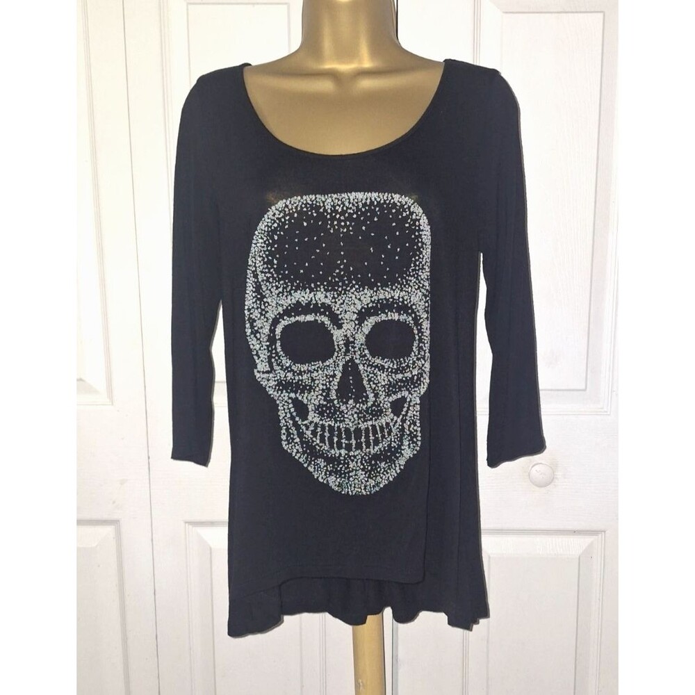 Black Micro Beaded Sugar Skull Jersey Shirt Women's Medium Novelty Casual Gothic